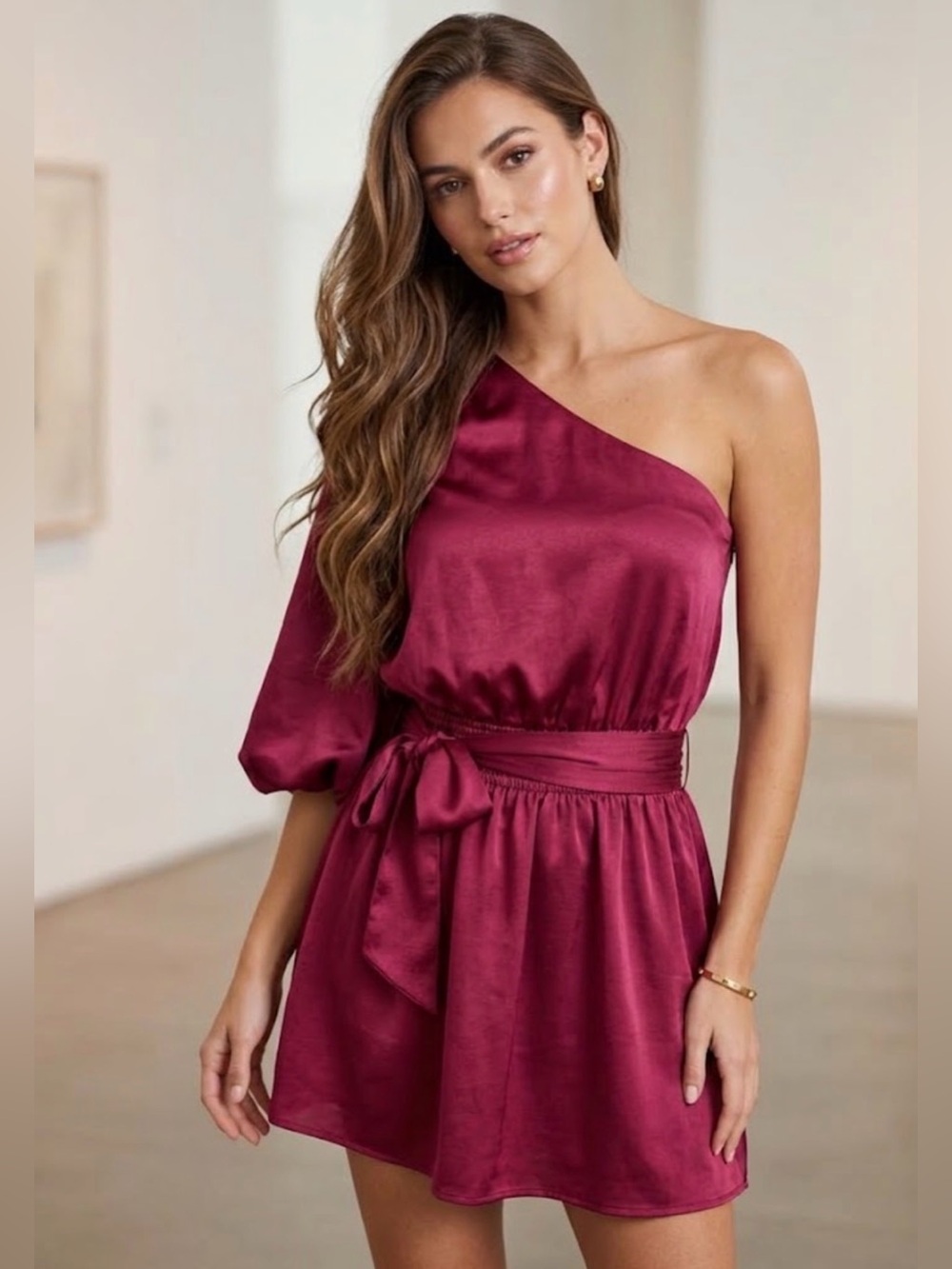 Mustard Seed Red Satin One-Shoulder Mini Dress